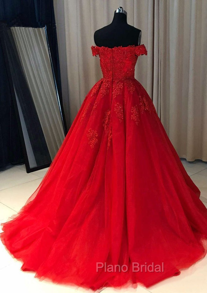 Red Ball Gown Off-the-Shoulder Sleeveless Court Train Tulle Formal Prom Dresses With Pleated Appliqued Secondary image