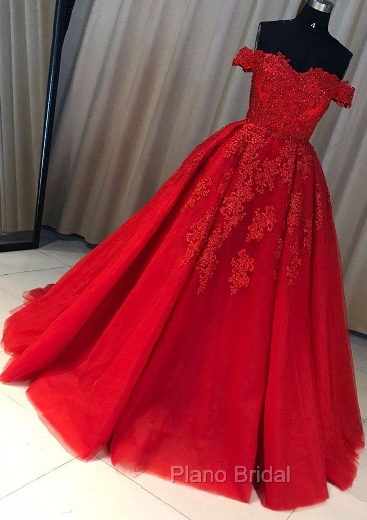 Red Ball Gown Off-the-Shoulder Sleeveless Court Train Tulle Formal Prom Dresses With Pleated Appliqued
