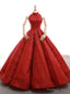 Red Ball Gown Sequins High Neck Backless Wedding Dress