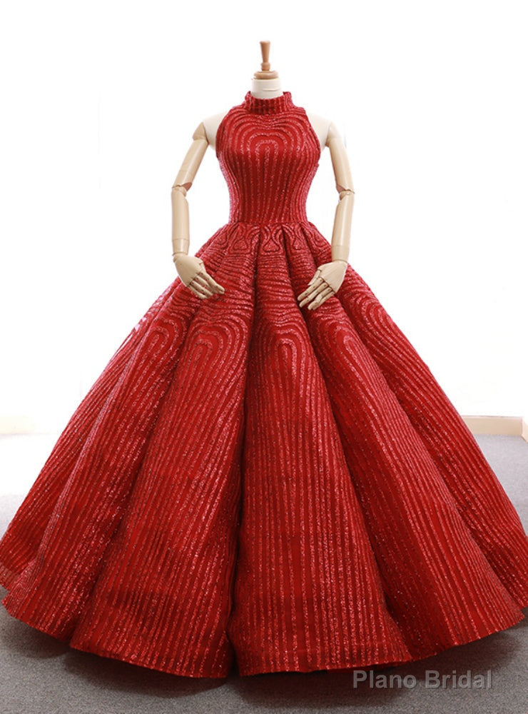 Red Ball Gown Sequins High Neck Backless Wedding Dress