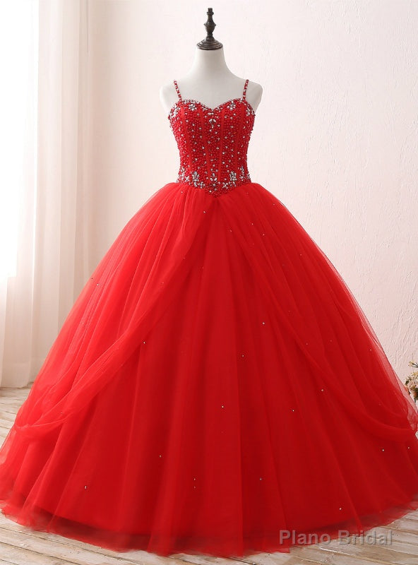 Red Ball Gown Spaghetti Straps Tulle Sweet 16 Dresses With Beading Main image