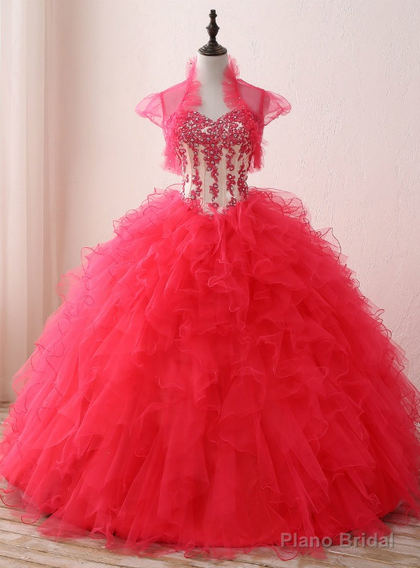 Red Ball Gown Sweetheart Neck Appliques Organza 16 Birthday Dress
