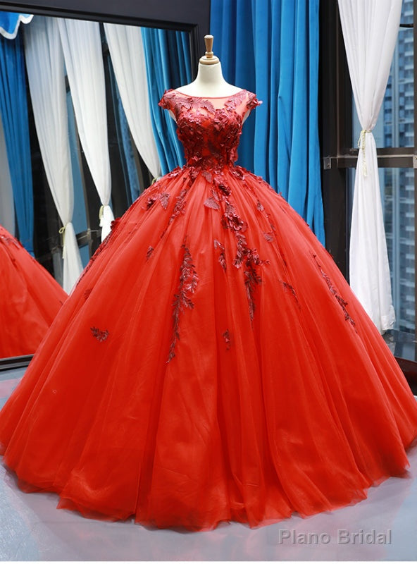 Red Ball Gown Tulle Appliques Bateau Backless Cap Sleeve Floor Length Prom Dress Main image