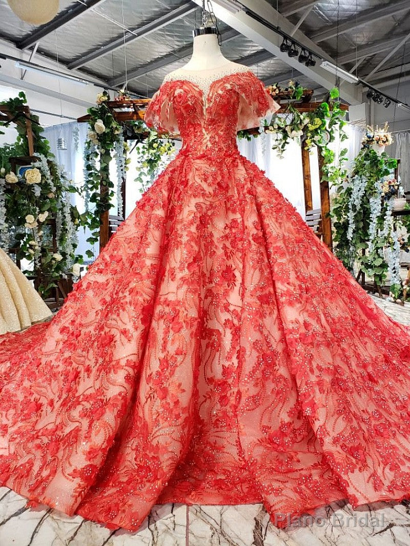 Red Ball Gown Tulle Appliques Cap Sleeve Backless Wedding Dress With Beading Main image