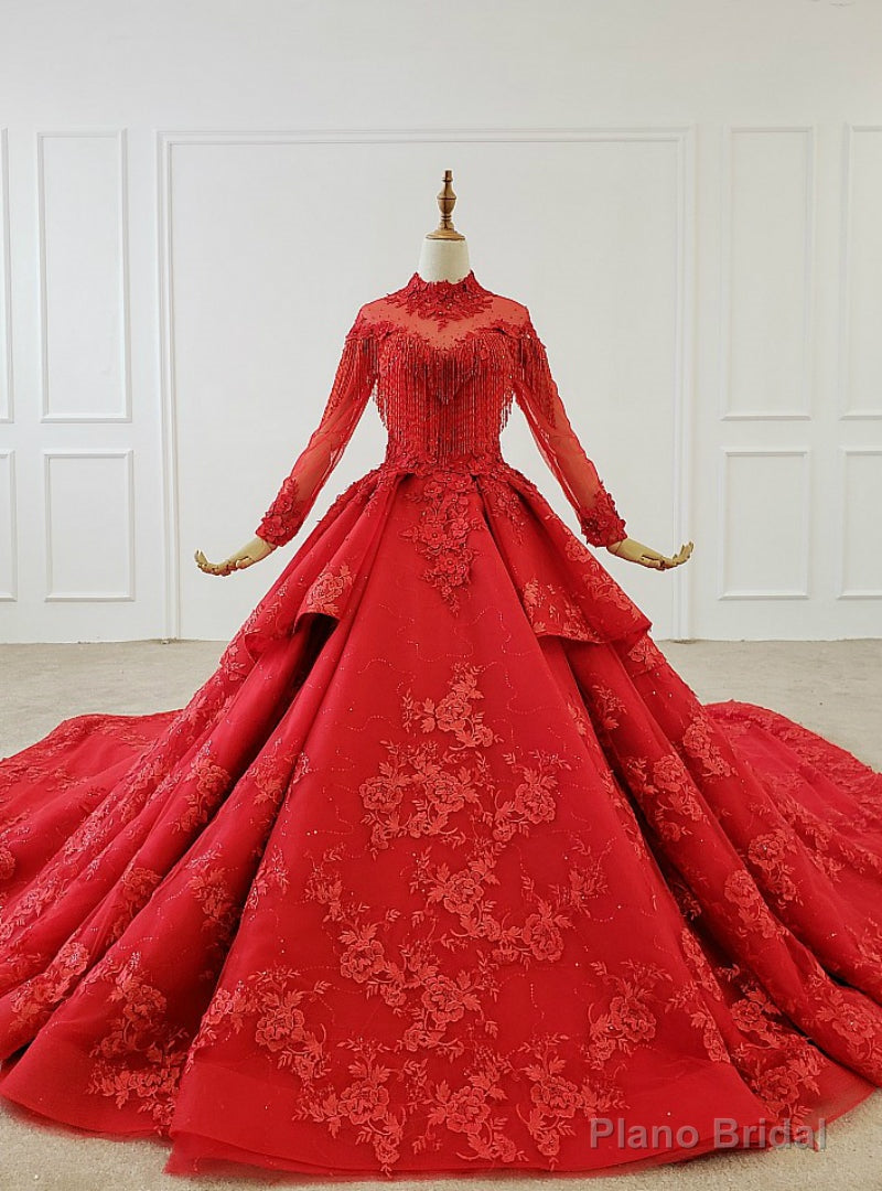 Red Ball Gown Tulle Appliques High Neck Long Sleeve Beading Wedding Dress With Long Train Main image