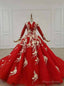 Red Ball Gown Tulle Appliques Long Sleeve Beading Wedding With Train