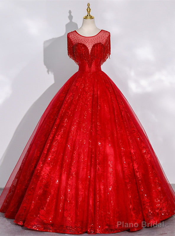 Red Ball Gown Tulle Beading Backless Quinceanera Dress Main image