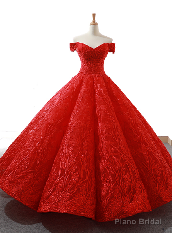 Red Ball Gown Tulle Lace Appliques Off the Shoulder Prom Dress Main image