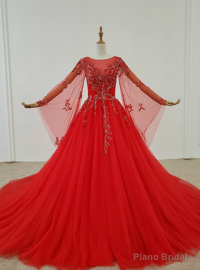 Red Ball Gown Tulle Long Sleeve Beading Sequins Wedding Dress
