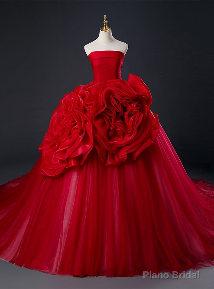 Red Ball Gown Tulle Strapless Flower Quinceanera Dress
