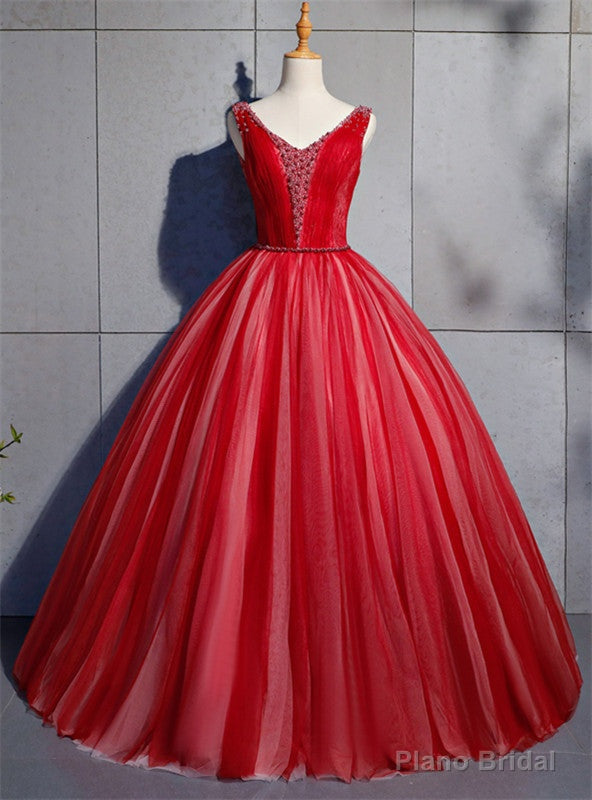 Red Ball Gown Tulle V-neck Pearls Quinceanera Dress Main image