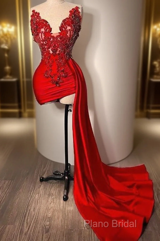 Red Beaded Appliques With Train Formal Prom Dresses拢卢Sweetheart Mini Cocktail Formal Dresses