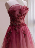Red Beaded Gradient Tulle Long Party Dresses, A-Line Elegant Lace-Up Formal Prom Dresses