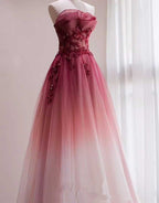 Red Beaded Gradient Tulle Long Party Dresses, A-Line Elegant Lace-Up Formal Prom Dresses