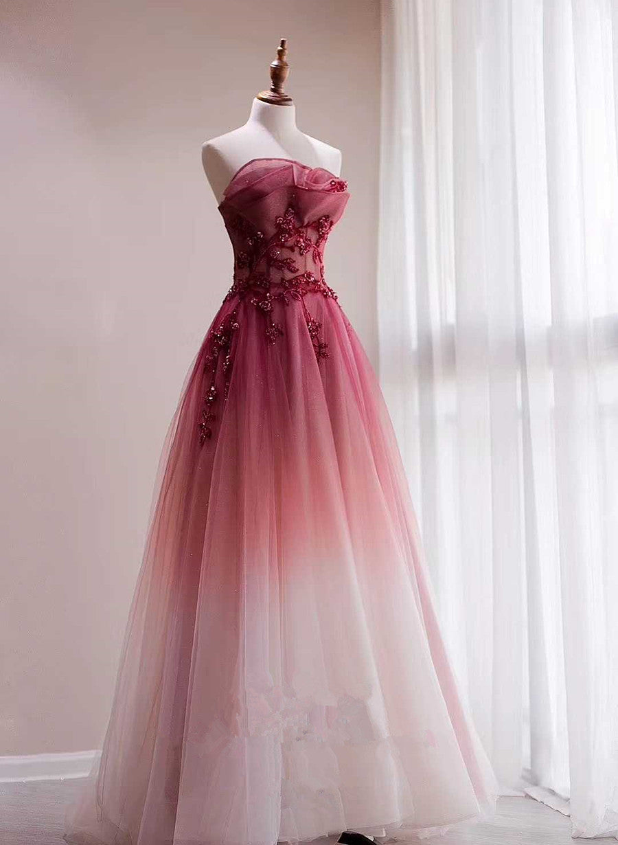 Red Beaded Gradient Tulle Long Party Dresses, A-Line Elegant Lace-Up Formal Prom Dresses