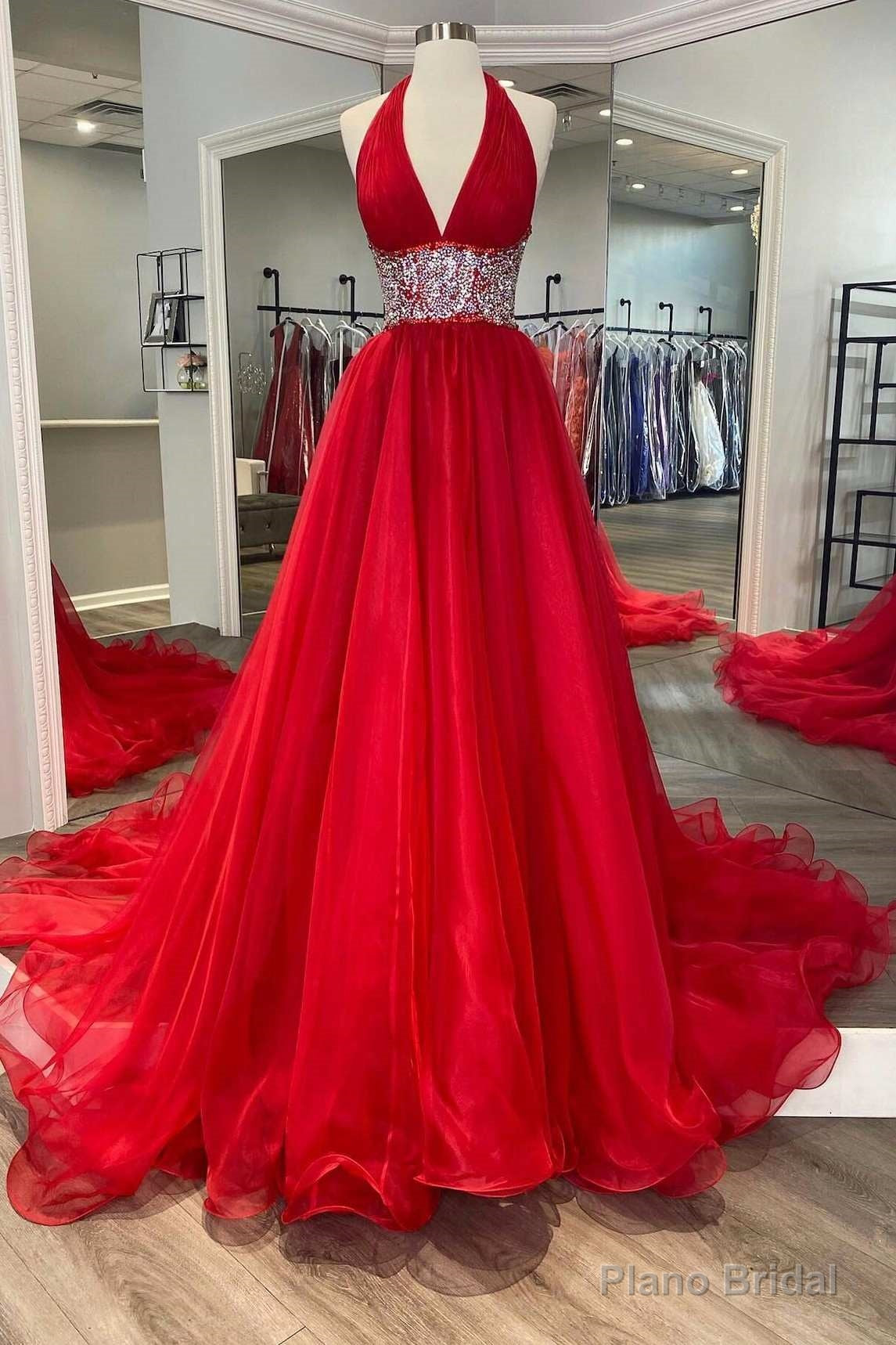 Red Beaded Halter Backless A-Line Long Prom Gown Main image