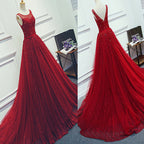 Red Beading Sparkly Unique Ball Gown Round Neck Formal Elegant Long Formal Prom Dresses