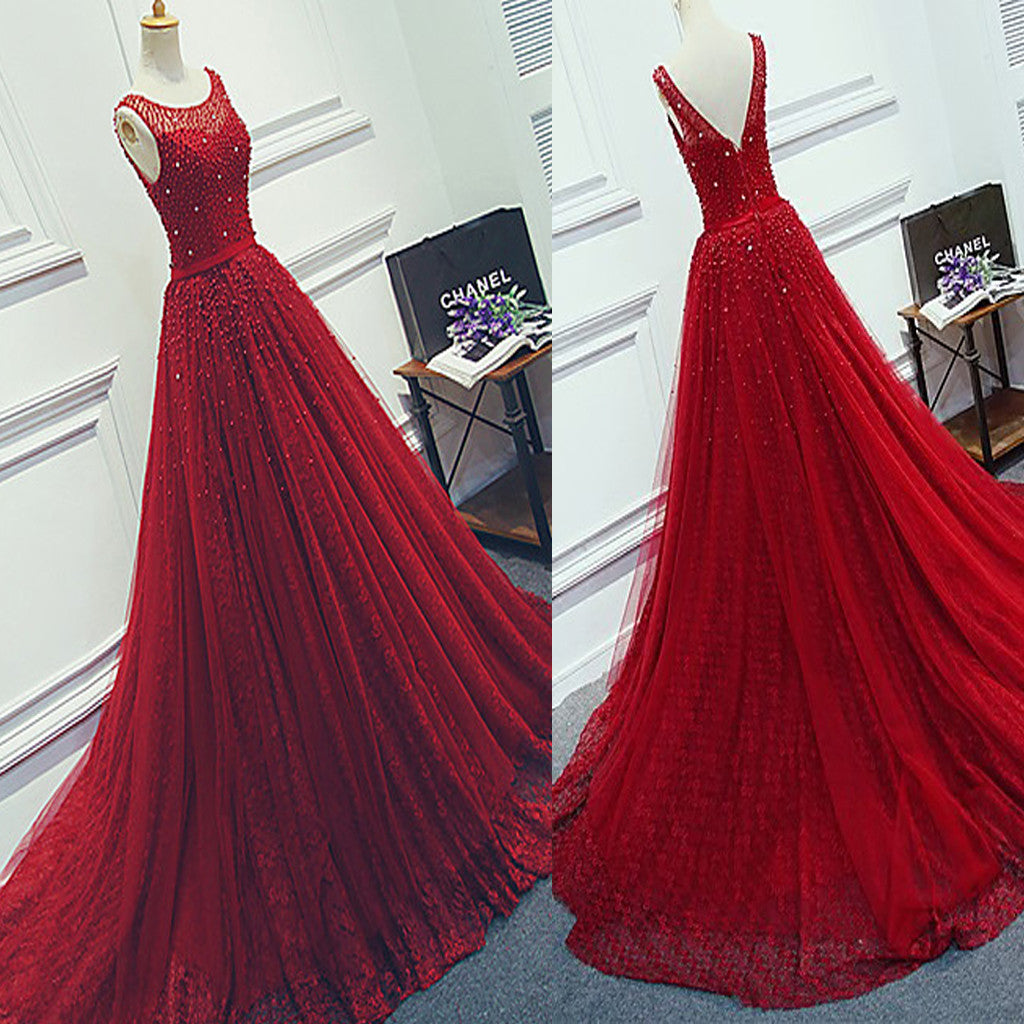 Red Beading Sparkly Unique Ball Gown Round Neck Formal Elegant Long Formal Prom Dresses
