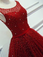Red Beading Sparkly Unique Ball Gown Round Neck Formal Elegant Long Formal Prom Dresses