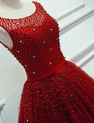 Red Beading Sparkly Unique Ball Gown Round Neck Formal Elegant Long Formal Prom Dresses