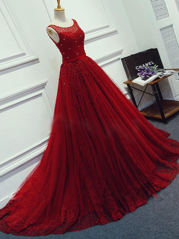 Red Beading Sparkly Unique Ball Gown Round Neck Formal Elegant Long Formal Prom Dresses Main image