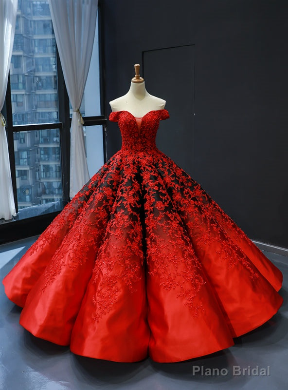 Red Black Ball Gown Satin Appliques Off the Shoulder Quinceanera Dresses Main image