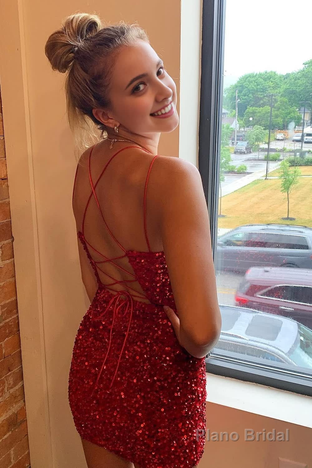 Red Criss-Cross Straps Sequins Tight Short Hoco Dress Secondary image