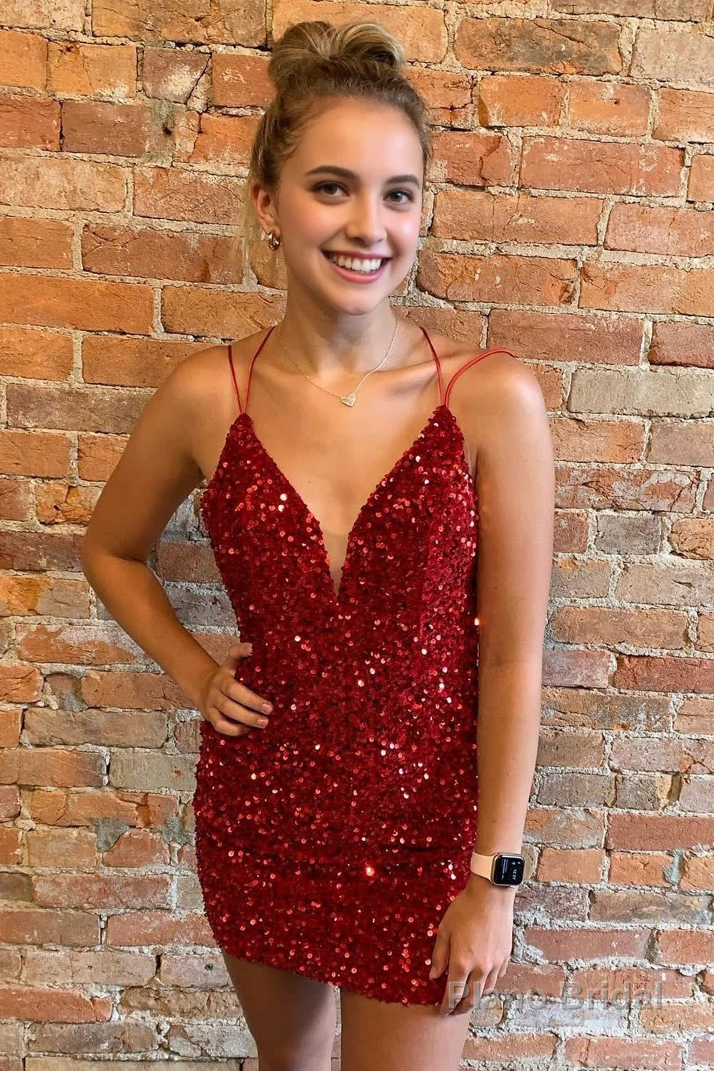 Red Criss-Cross Straps Sequins Tight Short Hoco Dress Main image
