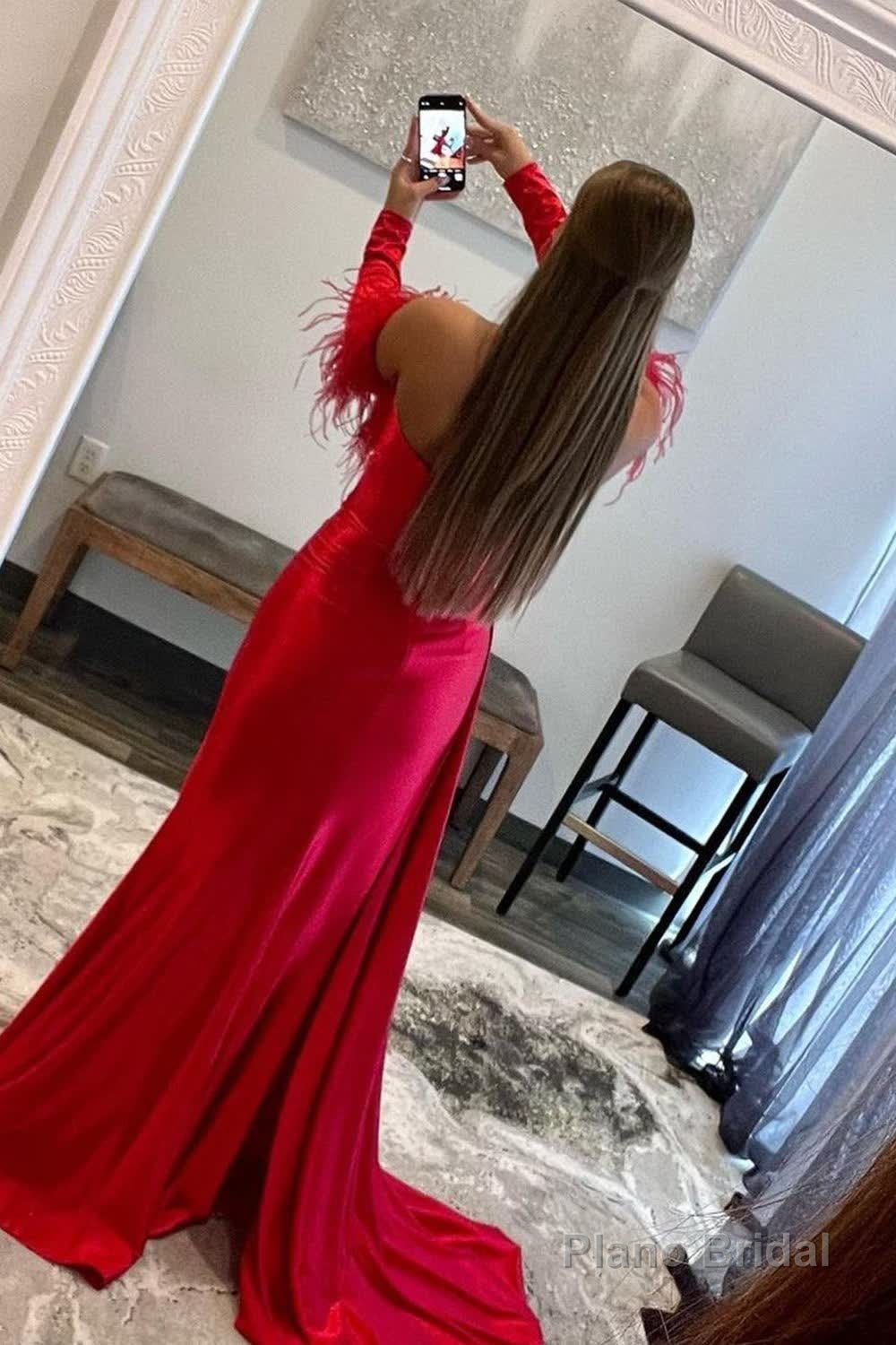 Red Detachable Long Sleeves Long Prom Dress with Feathers Secondary image