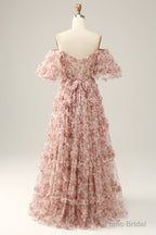 Red Floral Off the Shoulder Long Prom Dress