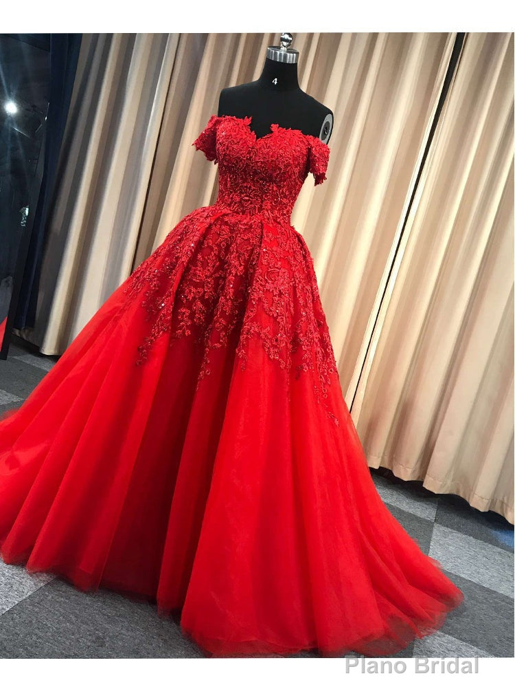 Red Gorgeous Sweetheart Off Shoulder Lace Applique Ball Gown Prom Dress, Red Evening Dress Party Dress Secondary image