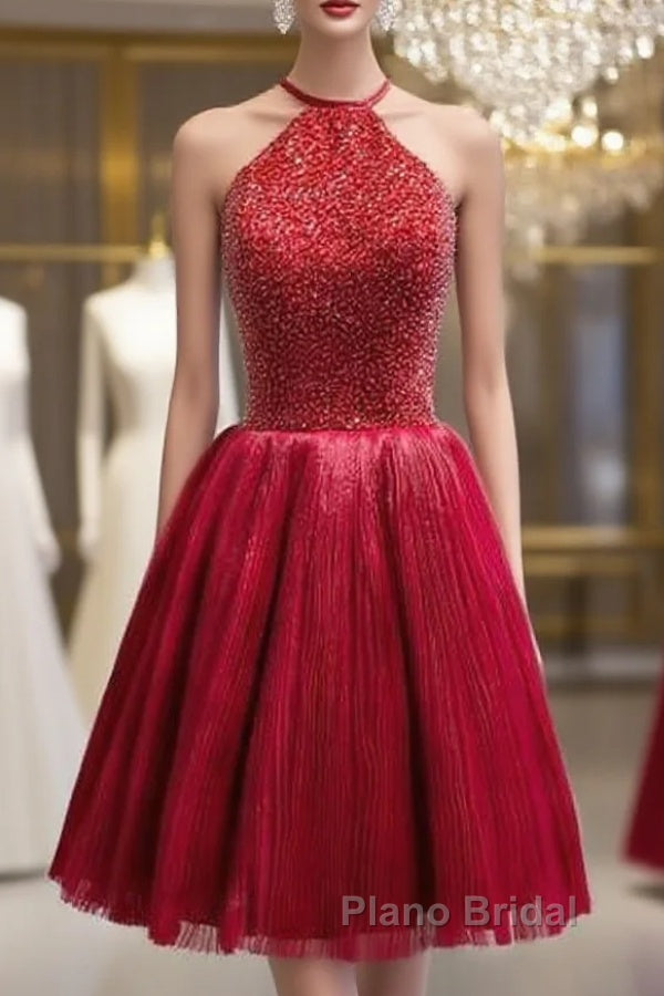Red Halter Beaded Short Party Dresses, Beaded And Sequined Party Dresses, Homecoming Dresses Main image