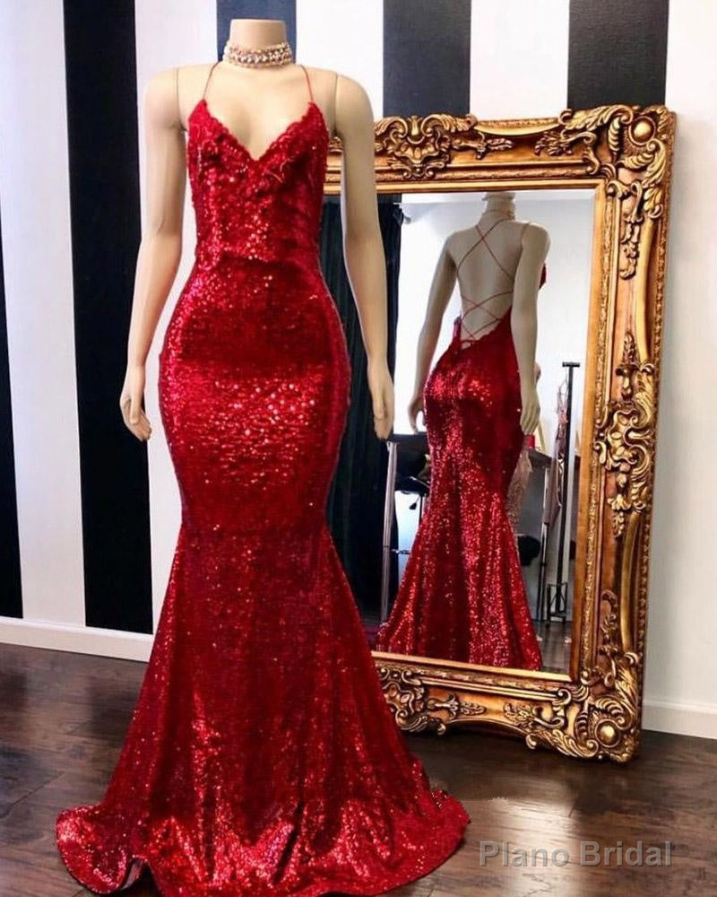 Red Halter Sequins Sparkle Evening Gowns Sexy Mermaid Dresses Long Maxi Dress Secondary image