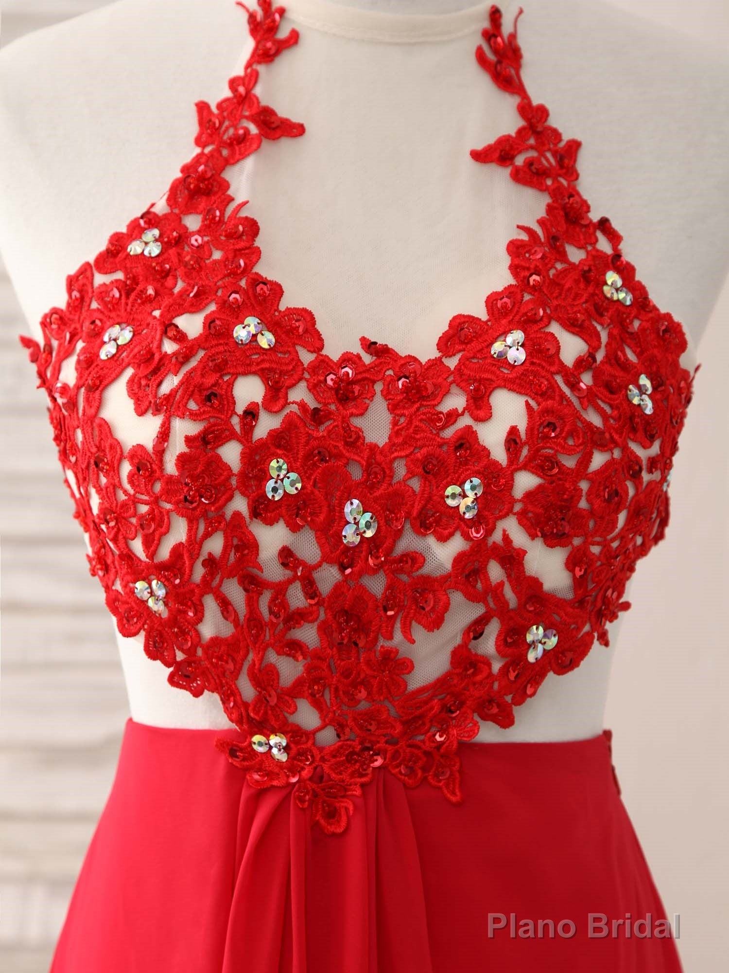 Red Hight Neck Chiffon Lace Applique Long Prom Dress, Red Formal Dress