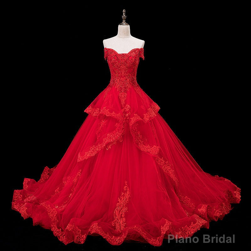 Red Lace and Tulle Gorgeous Off Shoulder Princess Sweet 16 Dress, Red Formal Gown