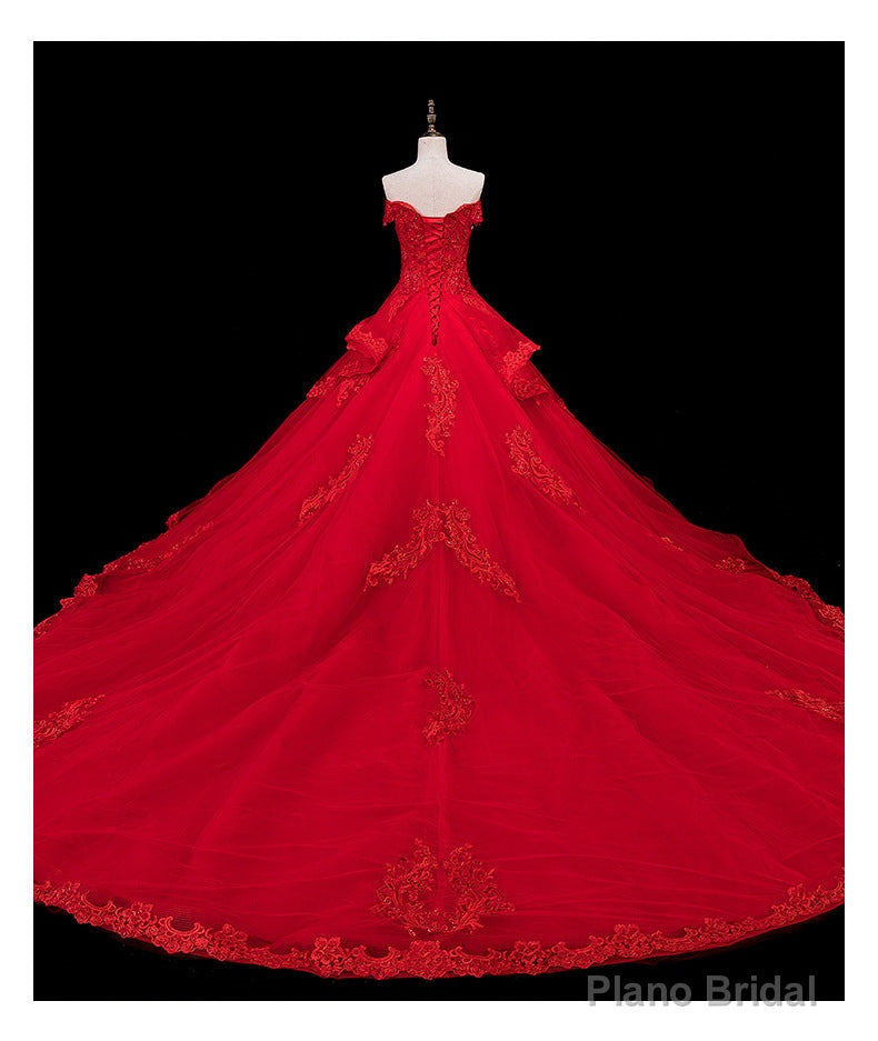 Red Lace and Tulle Gorgeous Off Shoulder Princess Sweet 16 Dress, Red Formal Gown