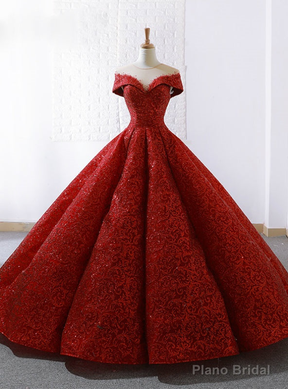 Red Lace Ball Gown See Through Neck Cap Sleeve Wedding Dress Main image