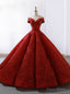 Red Lace Ball Gown See Through Neck Cap Sleeve Wedding Dress
