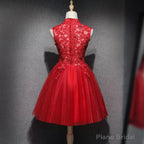 Red Lace High Neckline Tulle Short Homecoming Dress Party Dress, Red Formal Dresses