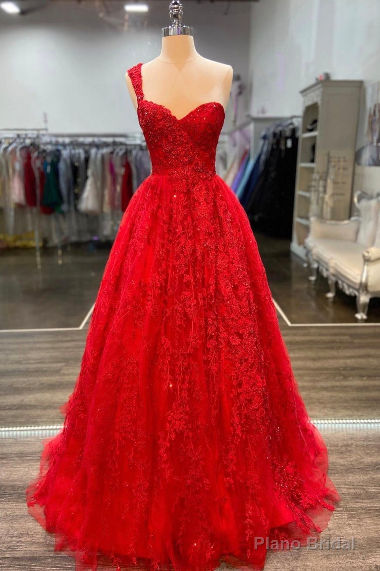 Red Lace Long A-Line Prom Dress, One Shoulder Evening Dress Main image