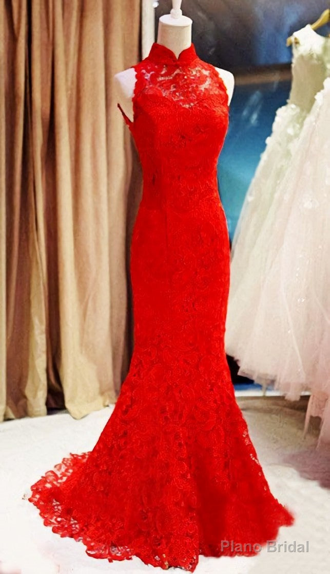 Red Lace Mermaid Long Formal Gown, Red Bridesmaid Dress