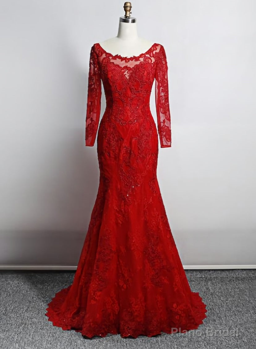 Red Lace Mermaid Long Sleeves Evening Gown, Red Lace Wedding Party Dress Main image
