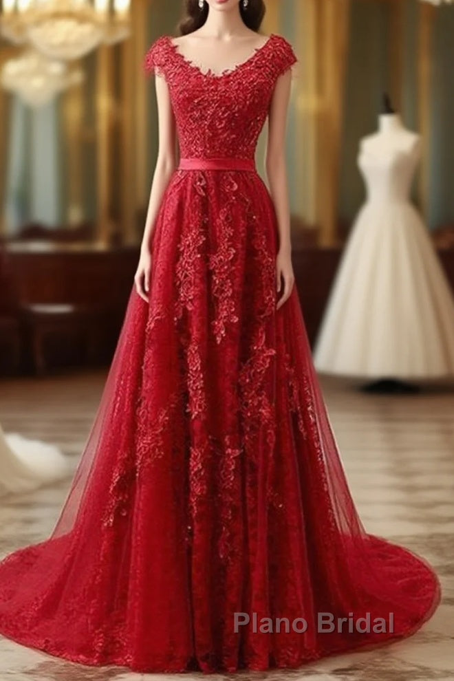 Red Lace Formal Prom Dresses Cap Sleeves Formal Dresses, Evening Dresses, Dance Dresses Main image