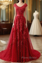 Red Lace Formal Prom Dresses Cap Sleeves Formal Dresses, Evening Dresses, Dance Dresses