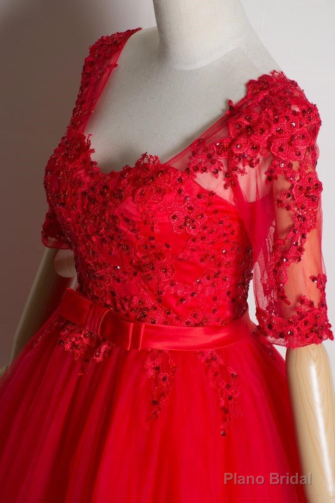 Red Lace Short Sleeves Tulle Knee Length Party Dresses, Red Short Formal Dresses