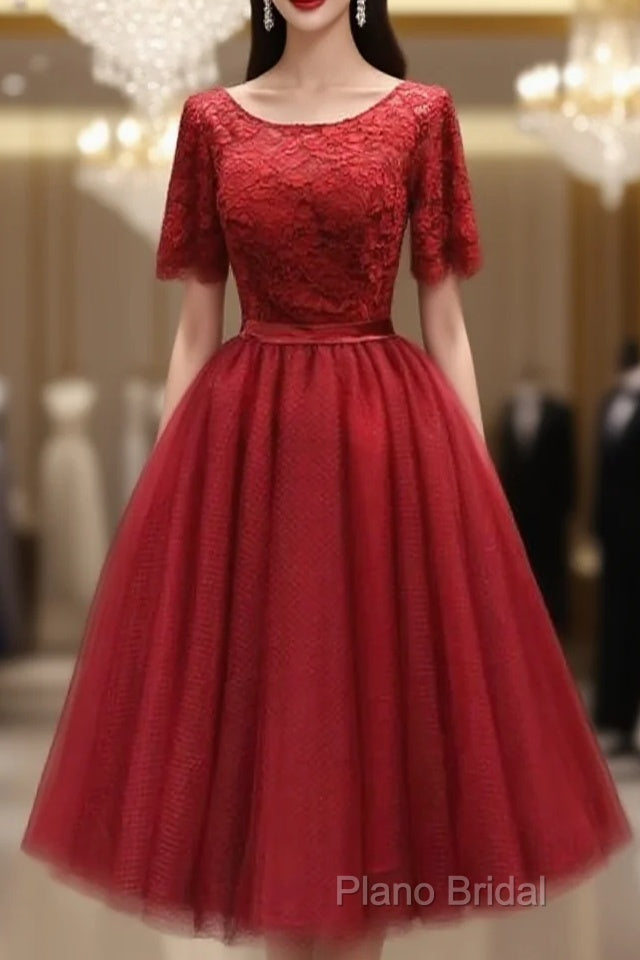 Red Lace Top Short Sleeves Tulle Tea Length Party Dresses, Red Wedding Party Dresses Homecoming Dresses Main image