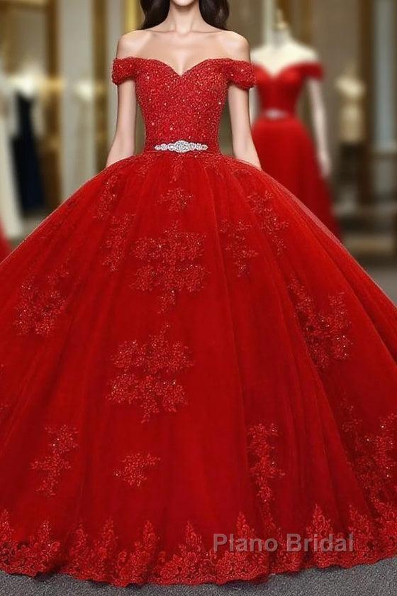 Red Long Princess Off the Shoulder Tulle Lace Wedding Dresses Main image