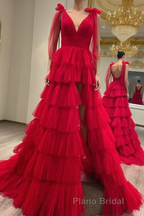 Red Long Formal Prom Dress Princess A Line V Neck Party Evening Dress with Ruffles