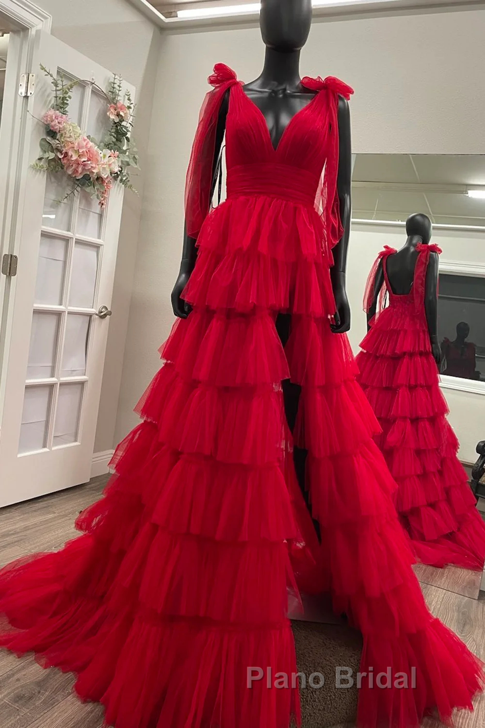 Red Long Formal Prom Dress Princess A Line V Neck Party Evening Dress with Ruffles