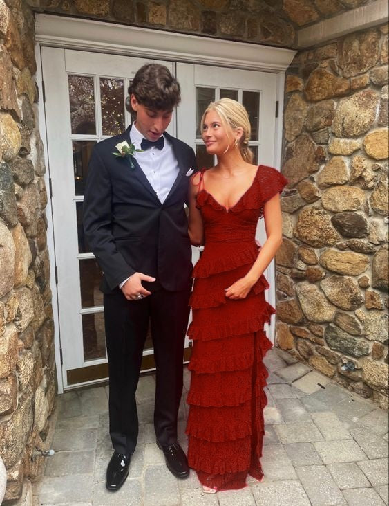 Long Red Formal Prom Dresses, Sexy Lace Formal Evening Dresses With Slit